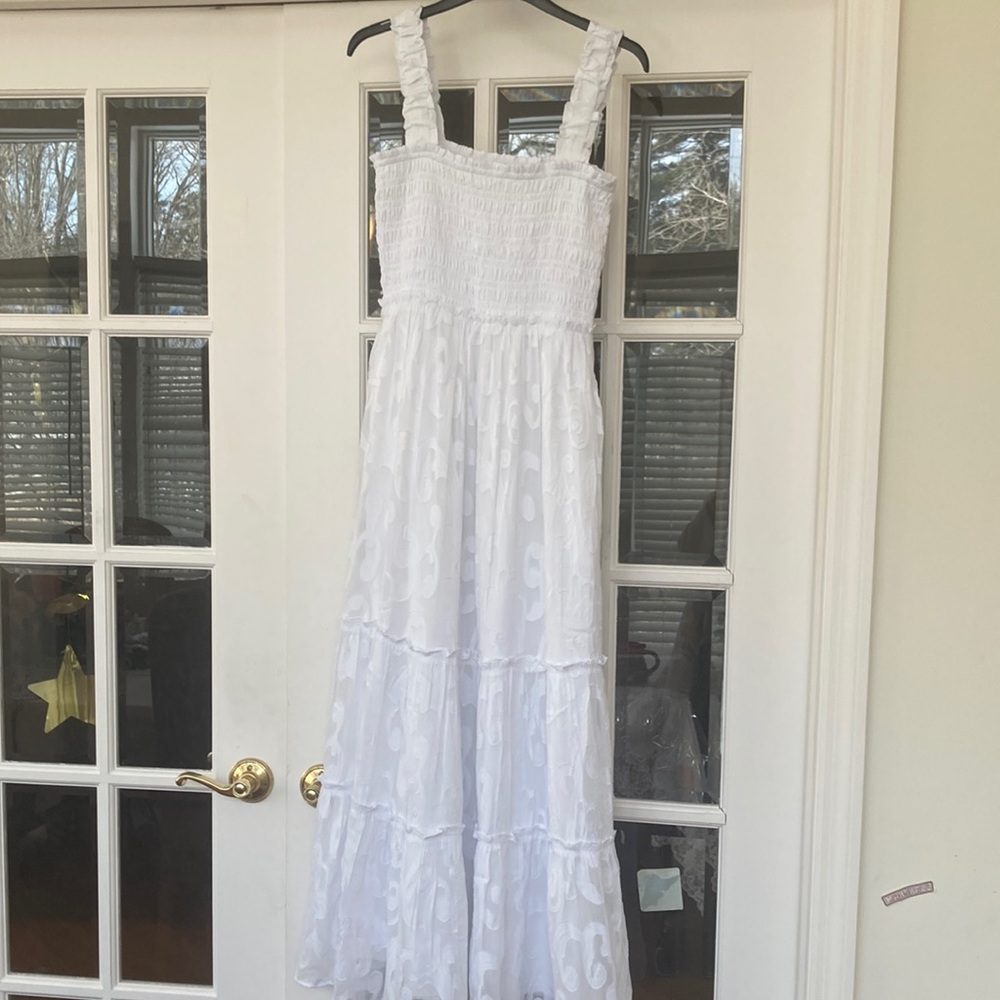 Lilly Pulitzer Hadley Smocked Poly Crepe White Maxi Dress